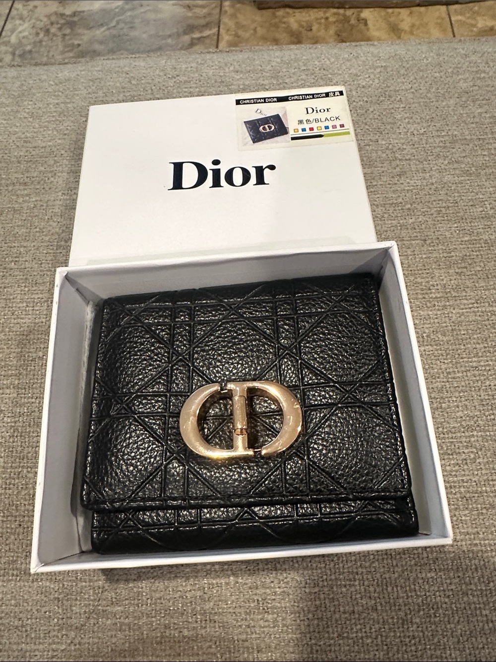 Black Quilted Leather Wallet with Gold CD Accent